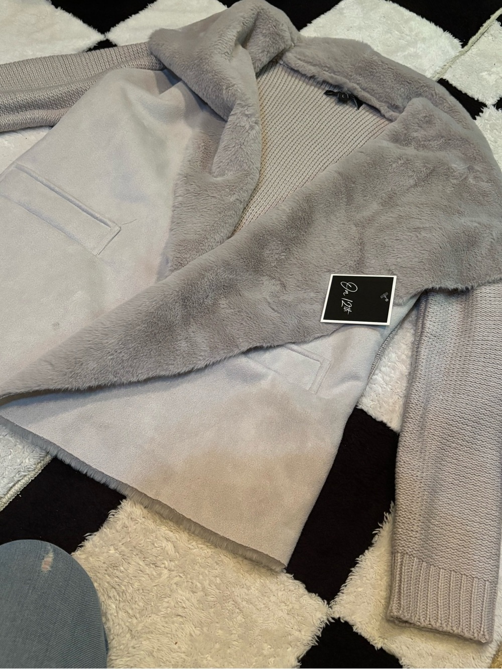 Women's Faux-Suede Coatigan with Plush Collar - Light Gray